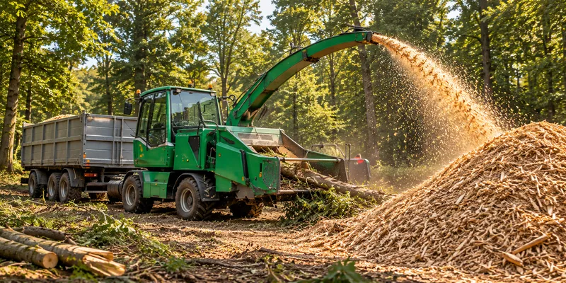 Holzhäcksler bei der Aufbereitung von Holz zu Hackschnitzeln