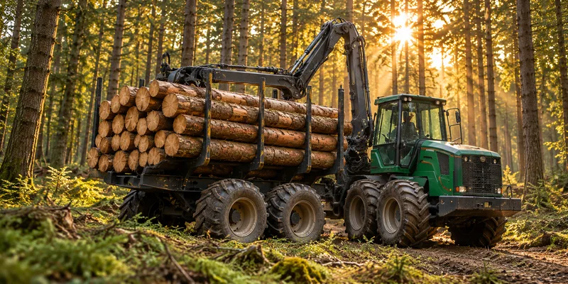 Rückemaschine beim Transport von Baumstämmen im Wald